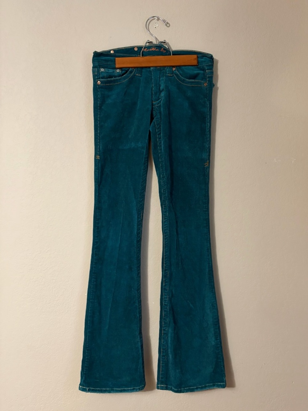 Plastic by Gly Teal Corduroy Flare Pants‎ Low Rise Y2K Made in USA Sz 1